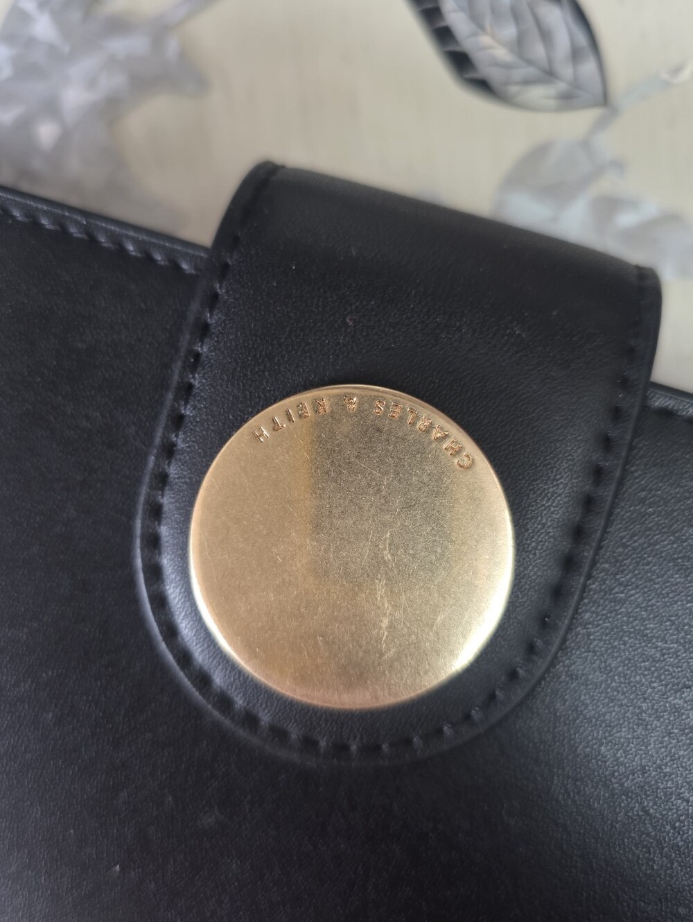 Charles & Keith Black Wallet On Chain Purse with Gold Disc Accent